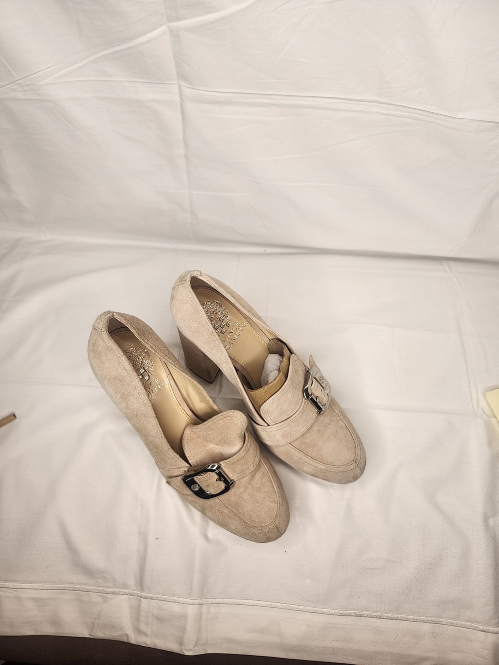 Vince Camuto Taupe Suede Block Heel Loafers with Buckle